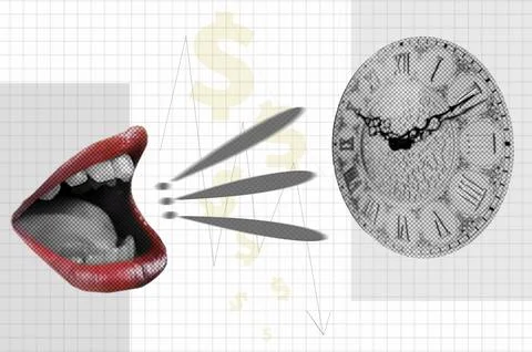 Halftone collage of cut out clock and screaming mouth. Time is money Stock Photos