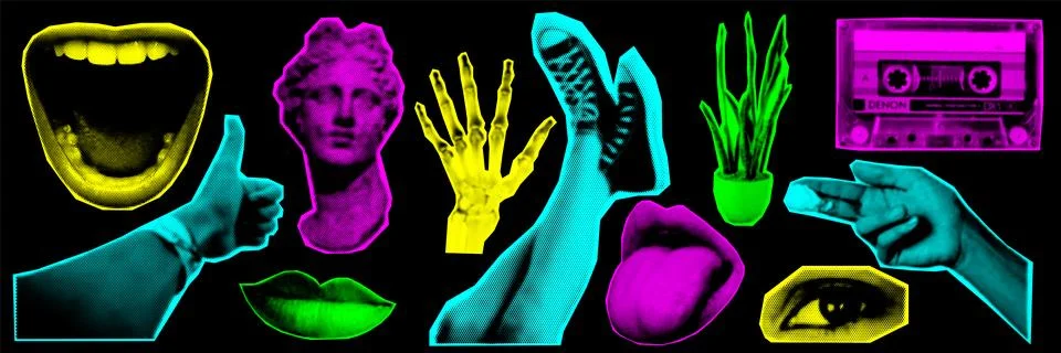 Halftone collage design elements in trendy magazine style. Mouth, statue, han Illustrazione stock