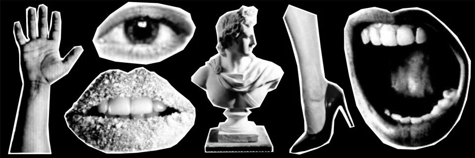 Halftone collage design elements in trendy magazine style. Hand, eye, mouth.. Stock Illustration