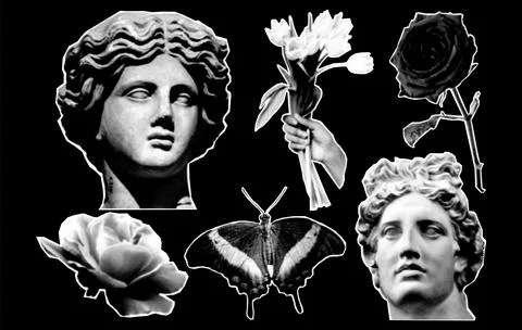 Halftone collage design elements in trendy magazine style. Statue, rose, flow Stock Illustration