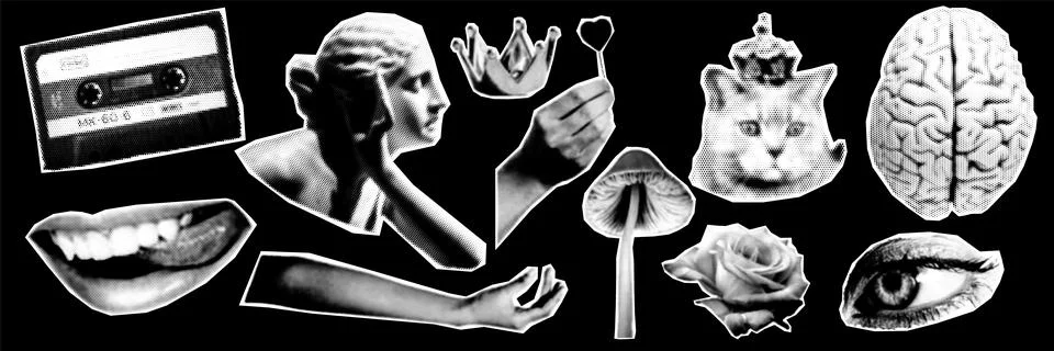 Halftone Collage design elements in trendy magazine style. Cassette, statue,  イラスト素材