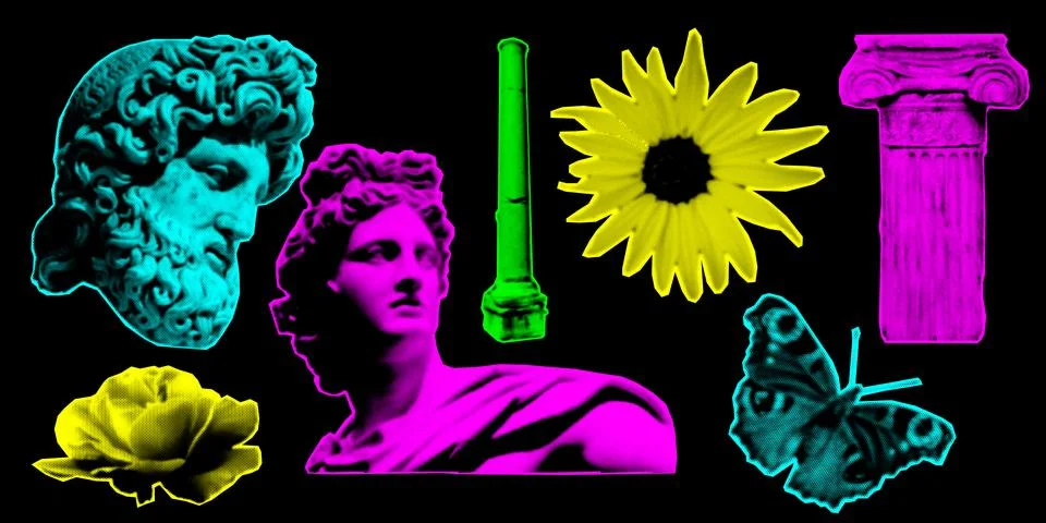 Halftone collage design elements in trendy magazine style. Statue, rose, flow Stock Illustration