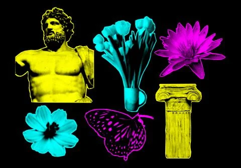 Halftone collage design elements in trendy magazine style. Statue, rose, flow Stock Illustration