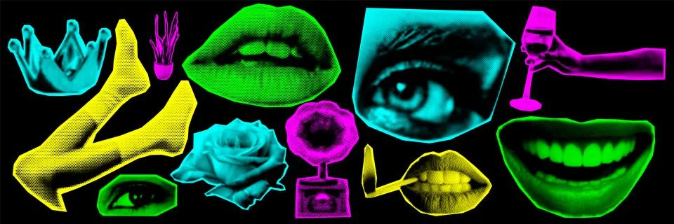 Halftone collage design elements in trendy magazine style. Crown, legs, rose, Stock Illustration