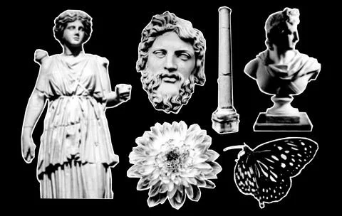 Halftone collage design elements in trendy magazine style. Statue, rose, flow Illustrazione stock