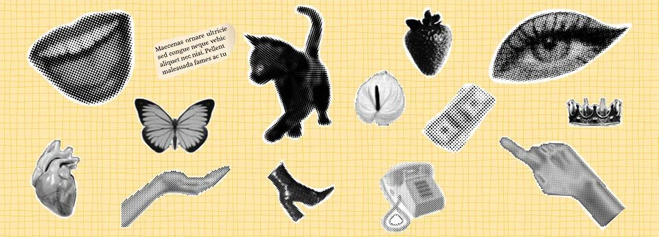 Halftone collage design elements. Trendy magazine style. Retro modern desig.. Stock Illustration