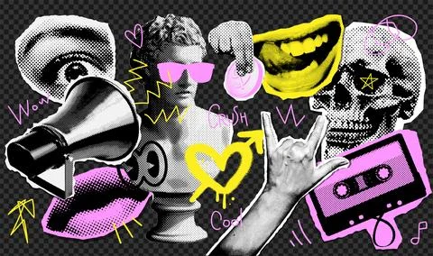 Halftone Collage design elements in trendy halftone collage magazine style Stock Illustration