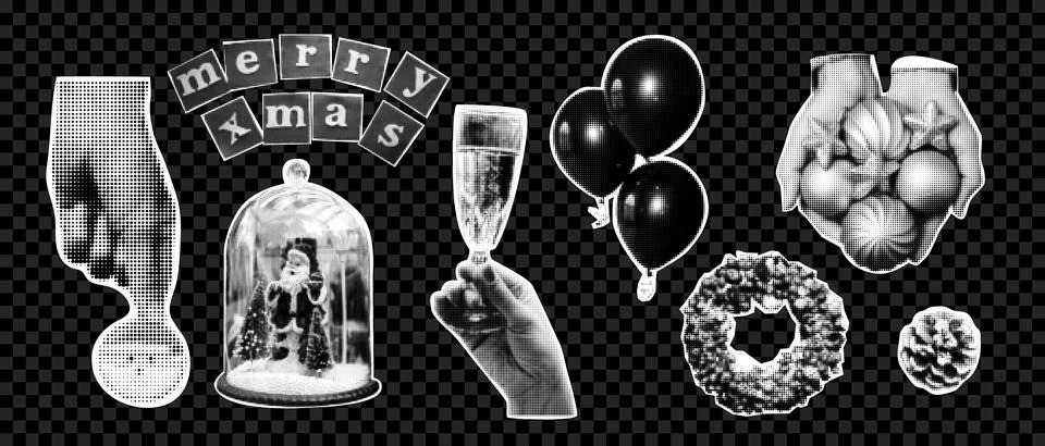 Halftone collage elements. Christmas tree, snowman, snow globe, balloons, c.. Stock Illustration