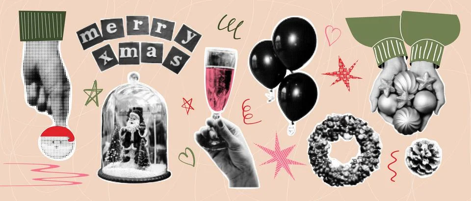 Halftone collage elements with funky doodle shapes. Christmas tree, snowman,  Stock Illustration