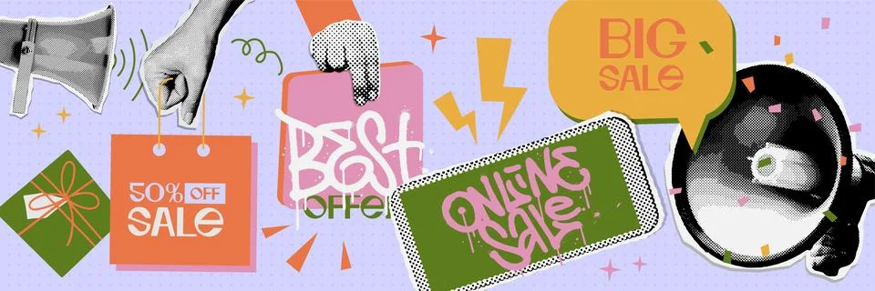 Halftone Collage elements of hands holding paper bags, sale tag, telephone with Stock Illustration