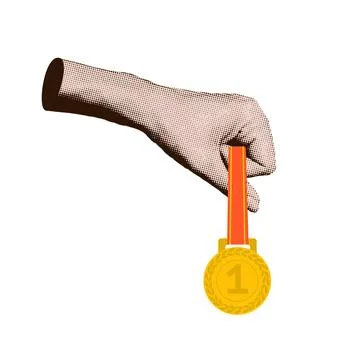 Halftone collage hand holding first place gold medal. Business success, sport Stockillustratie