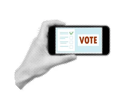 Halftone collage hand holding smartphone  with vote button on display. Onli.. Stock Illustration