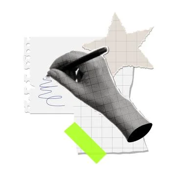 Halftone collage hand writes on a torn out sheets of paper. Trendy vintage style Stock Illustration