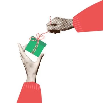 Halftone collage Hands in a cozy knitted sleeve opening a gift box. Holiday Stock Illustration