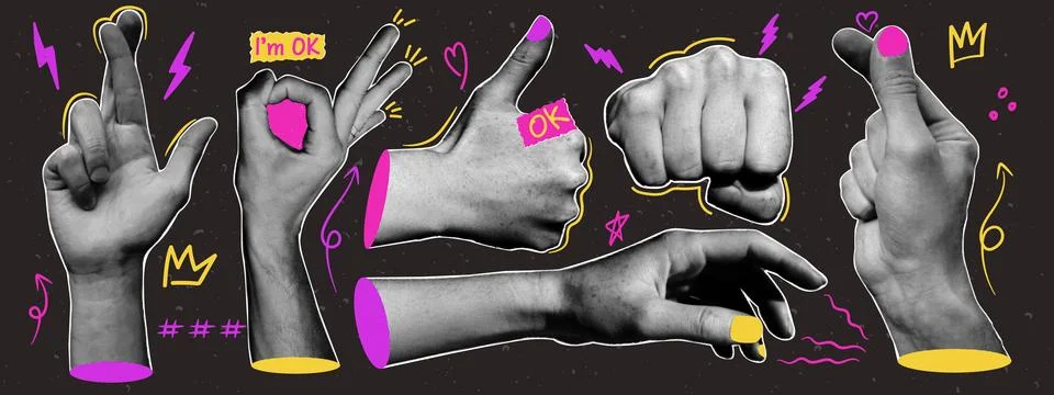 Halftone collage hands with doodle elements. Y2k collage design. Vector ele.. Stock Illustration