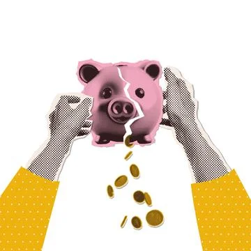 Halftone Collage - hands shaking broken piggy bank. Minimalist finance-themed Stock Illustration