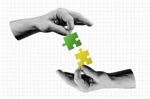 Halftone collage human hands connecting puzzle together. Business success a.. 写真素材