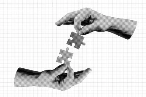 Halftone collage human hands connecting puzzle together. Business success a.. 写真素材