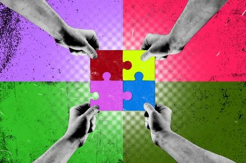 Halftone collage of human hands connecting puzzle pieces, business teamwork.. 写真素材
