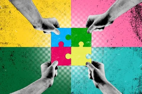 Halftone collage of human hands connecting puzzle pieces, business teamwork.. 写真素材