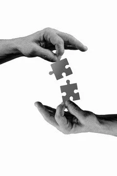 Halftone Collage of Human Hands Connecting Puzzle Pieces. Business Success .. 写真素材