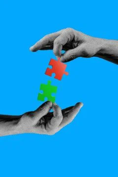 Halftone Collage of Human Hands Connecting Puzzle Pieces. Business Success .. 写真素材