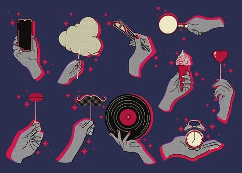 Halftone collage human hands set. Different gestures collection. Various hand Stock Illustration