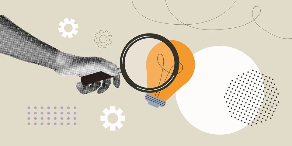 Halftone collage idea search. Hand holding magnifying glass with lightbulb... Stock Illustration