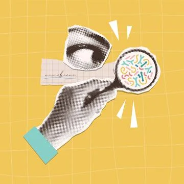 Halftone collage with microbiome and gut health research. Hand folding Stock Illustration