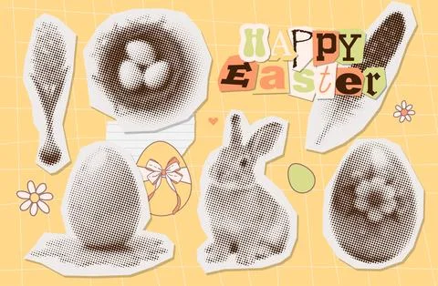 Halftone collage paper stickers set with rabbit bunny, nest with eggs, feather Stock-Illustration