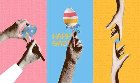 Halftone collage posters set. Hand with Easter egg, decorating egg, celebrating Stock Illustration