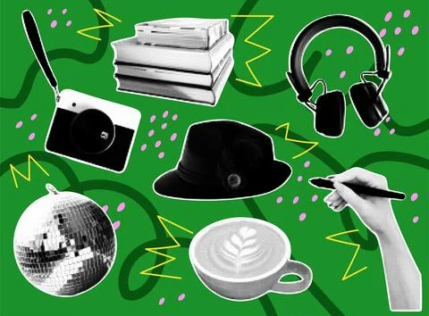 Halftone collage. Retro design leisure or hobby objects with dot effect. Music Illustrazione stock