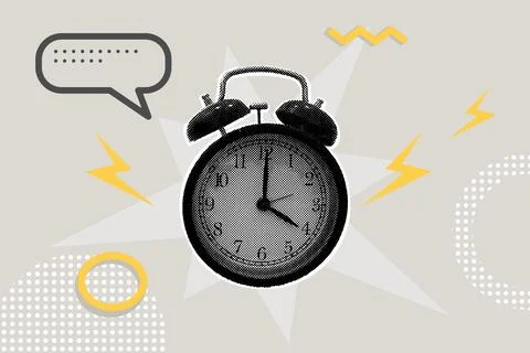 Halftone collage of a ringing alarm clock.Time, Time, Hurry. Vector business Stock Illustration