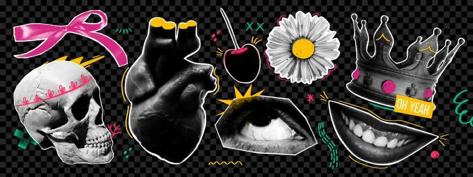 Halftone collage set with retro pop art elements. Skull, bow, human heart, .. Stock Illustration