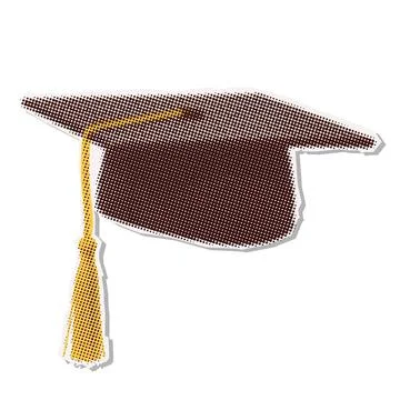 Halftone collage sticker graduation cap with a tassel. The hat is illustrated Stock Illustration