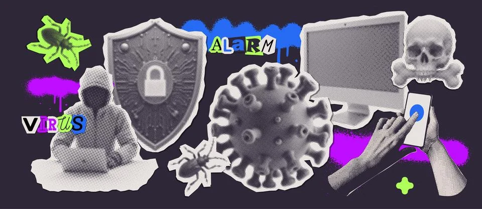 Halftone collage stickers set in theme of computer virus, cybersecurity and Stock Illustration