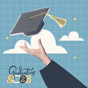 Halftone collage with thrown up student hand, cap in sky. Education graduation Stock Illustration