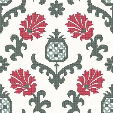 Halftone colorful seamless retro pattern nature garden red flower pineapple f Illustrazione stock