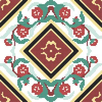 Halftone colorful seamless retro pattern check flower leaf vine square kaleid Stock Illustration