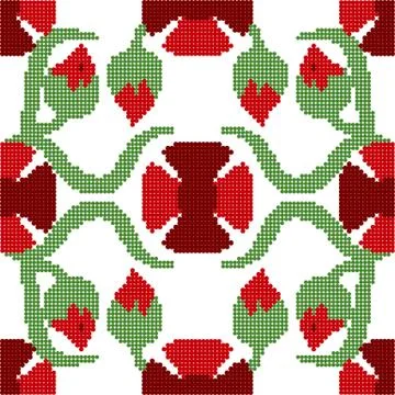 Halftone colorful seamless retro pattern red flower bud kaleidoscope vine Illustrazione stock