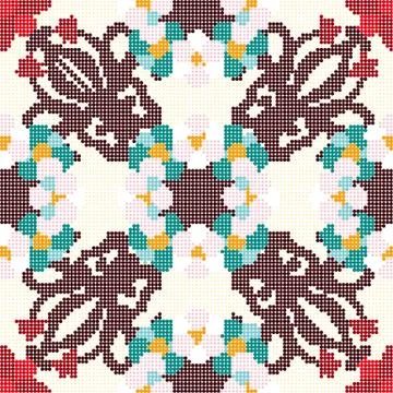 Halftone colorful seamless retro pattern red flower kaleidoscope curve cross 스톡 일러스트
