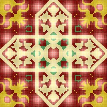 Halftone colorful seamless retro pattern red cross flower kaleidoscope 스톡 일러스트