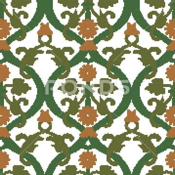 Halftone colorful seamless retro pattern round spiral flower leaf vine cross Stock Illustration