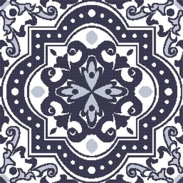 Halftone colorful seamless retro pattern blue tone round dot curve square kal Stock Illustration