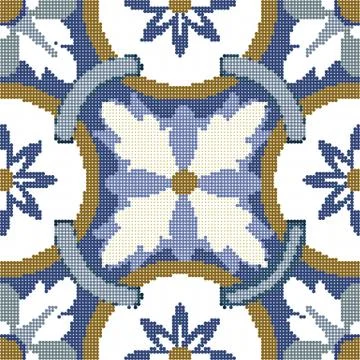 Halftone colorful seamless retro pattern vintage blue flower round cross chai Stock Illustration