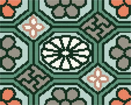 Halftone colorful seamless retro pattern green oriental octagon check cross f Stock Illustration