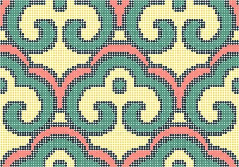 Halftone colorful seamless retro pattern oriental curve spiral cross frame ch Illustrazione stock