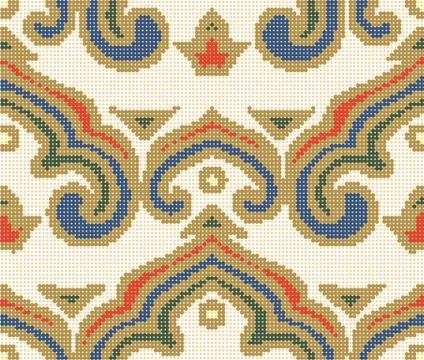 Halftone colorful seamless retro pattern Chinese curve spiral cross royal fra Stock Illustration