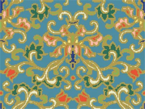 Halftone colorful seamless retro pattern oriental Chinese traditional botanic Illustrazione stock