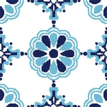 Halftone colorful seamless retro pattern elegant blue round cross flower Stock Illustration